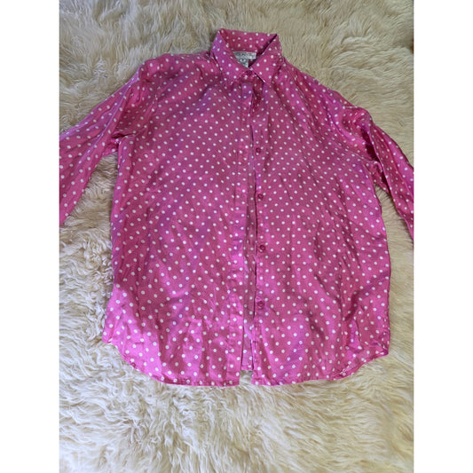 Vintage Jones New York Country PINK 100% Silk Polka dot Blouse Collared M