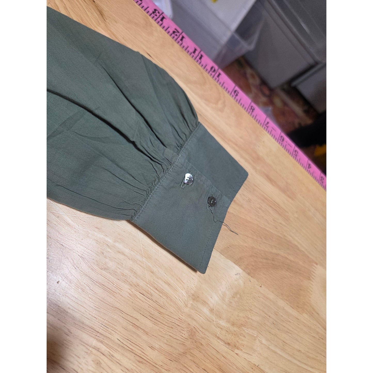 Xirena green army woven long sleeve blouse button front mandarin collar size lg