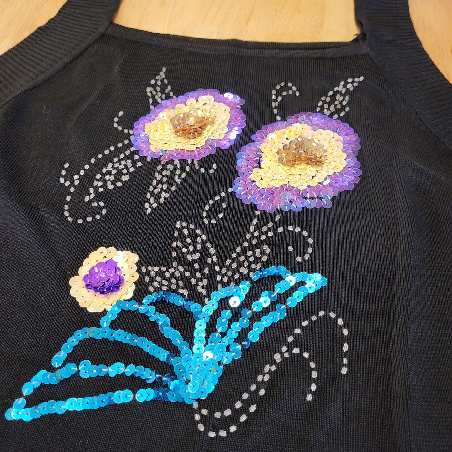 Vintage Cotton Blend Black Beaded Embroidered Knit Tank Sleeveless Sweater