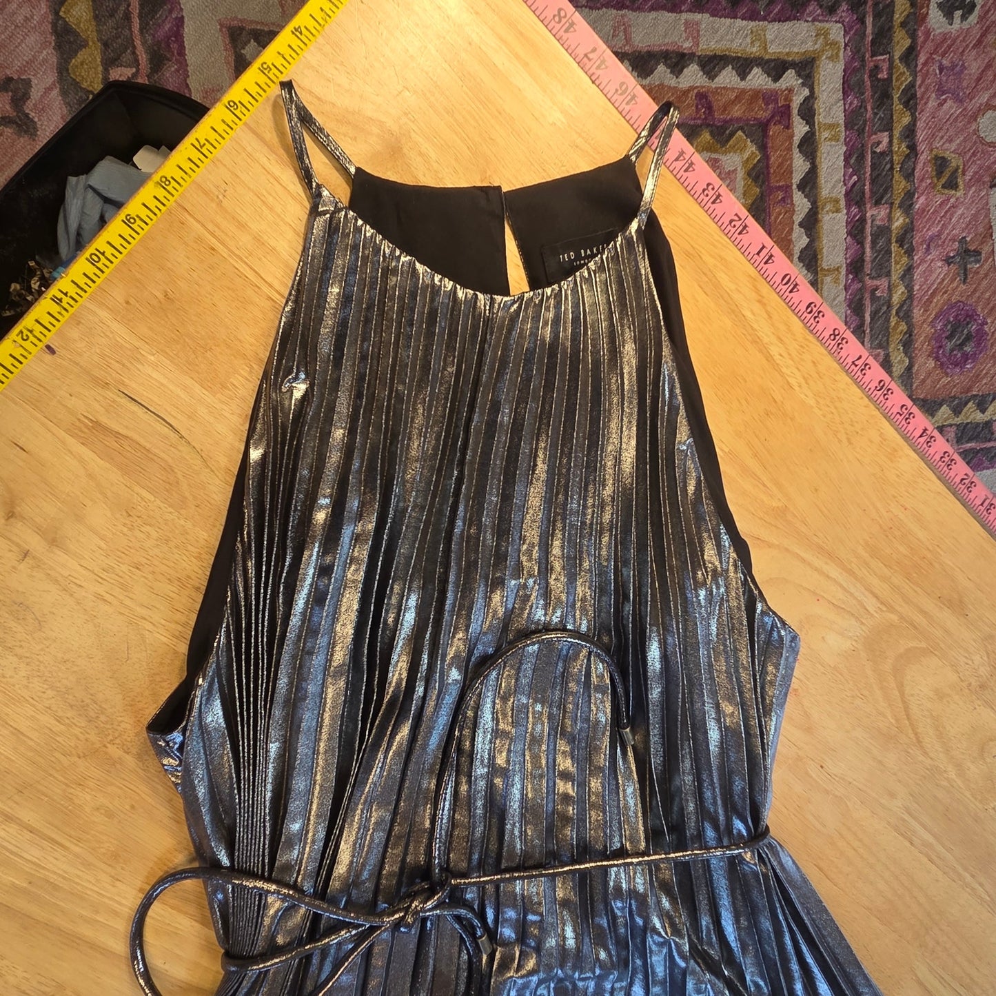 Nwt Ted Baker silver metallic pleated sleeveless midi dress belted a line size 5
