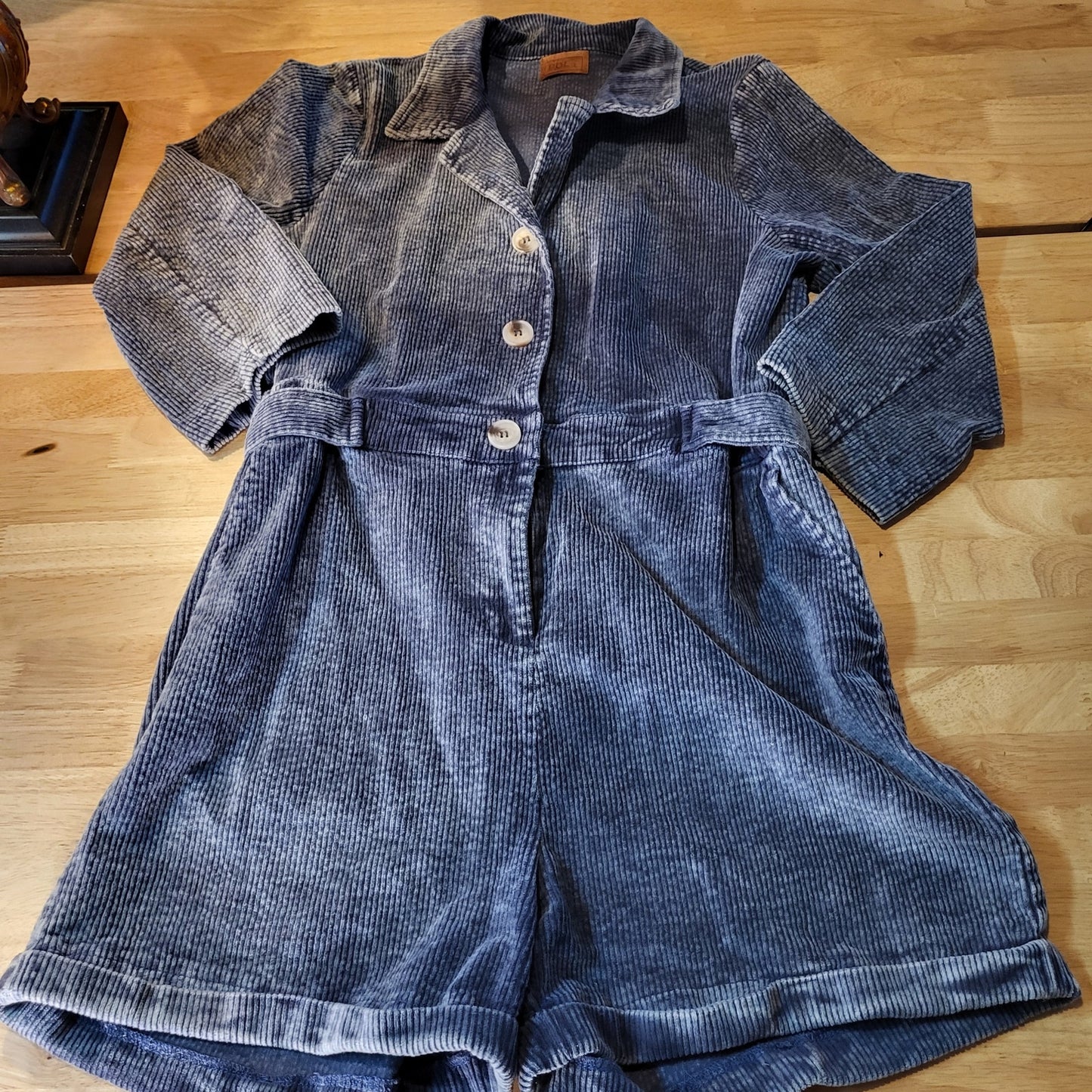 POL Blue Corduroy Long Sleeve Button Front Shorts Jumpsuit Elastic Waist Zip