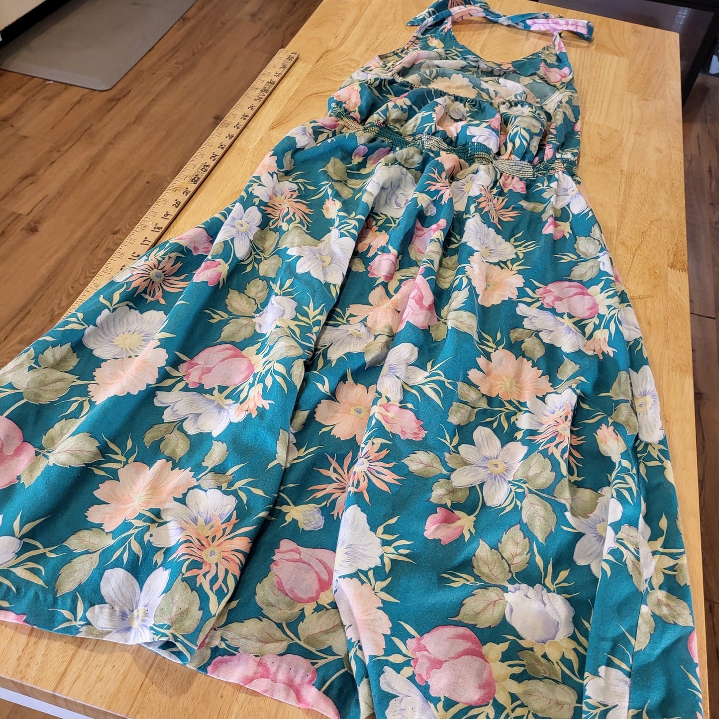 Vintage turquoise Floral halter dress elastic MIDI tie cotton medium