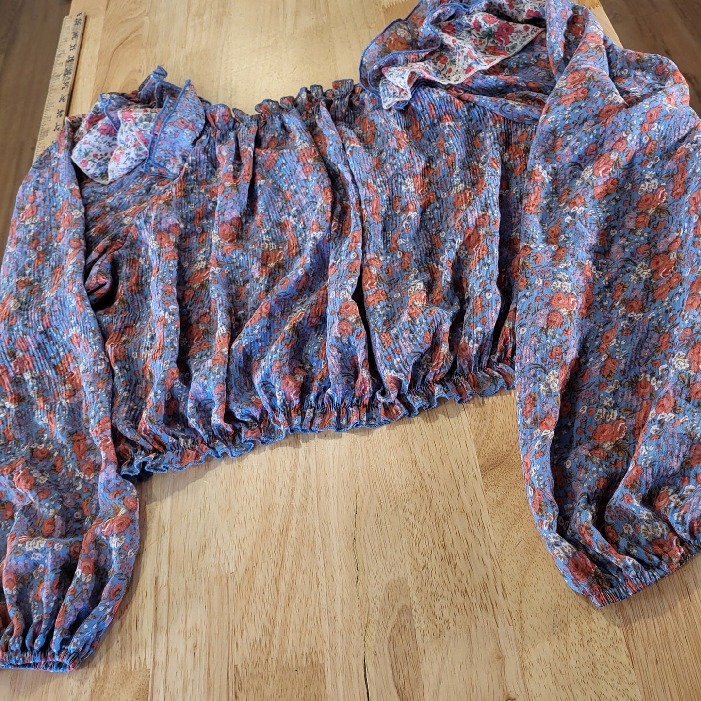 Entro Floral Puff Sleeve Bardot Summer Blouse Ruffle Stretch 21" Medium