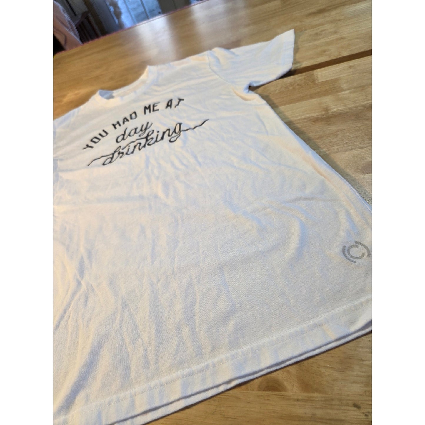 "You Had Me at Day Drinking" Codeword tee white cotton made in America small