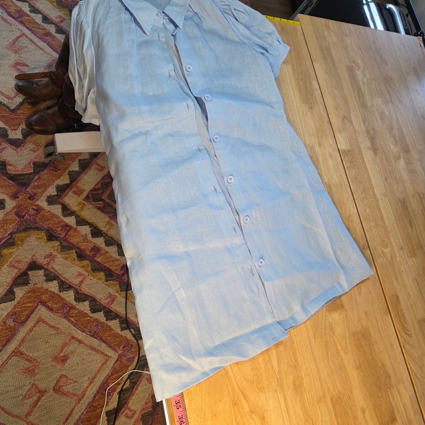 DolceCabo fully lined blue linen puff sleeve collared shirt dress mini 20" p2p