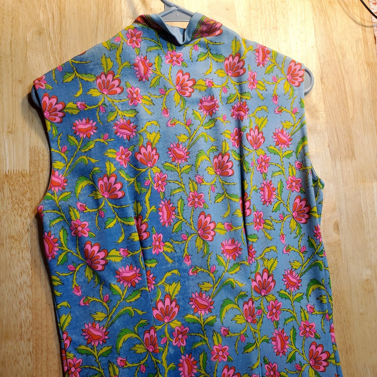VINTAGE CHINESE TRADITIONAL DRESS BLUE PINK GREEN FLORAL POLYESTER SM