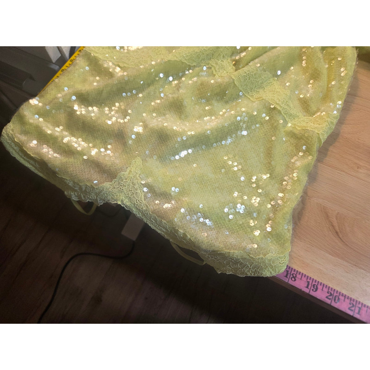 Viral Victoria's Secret lime green spaghetti strap sequin slip dress lace xl