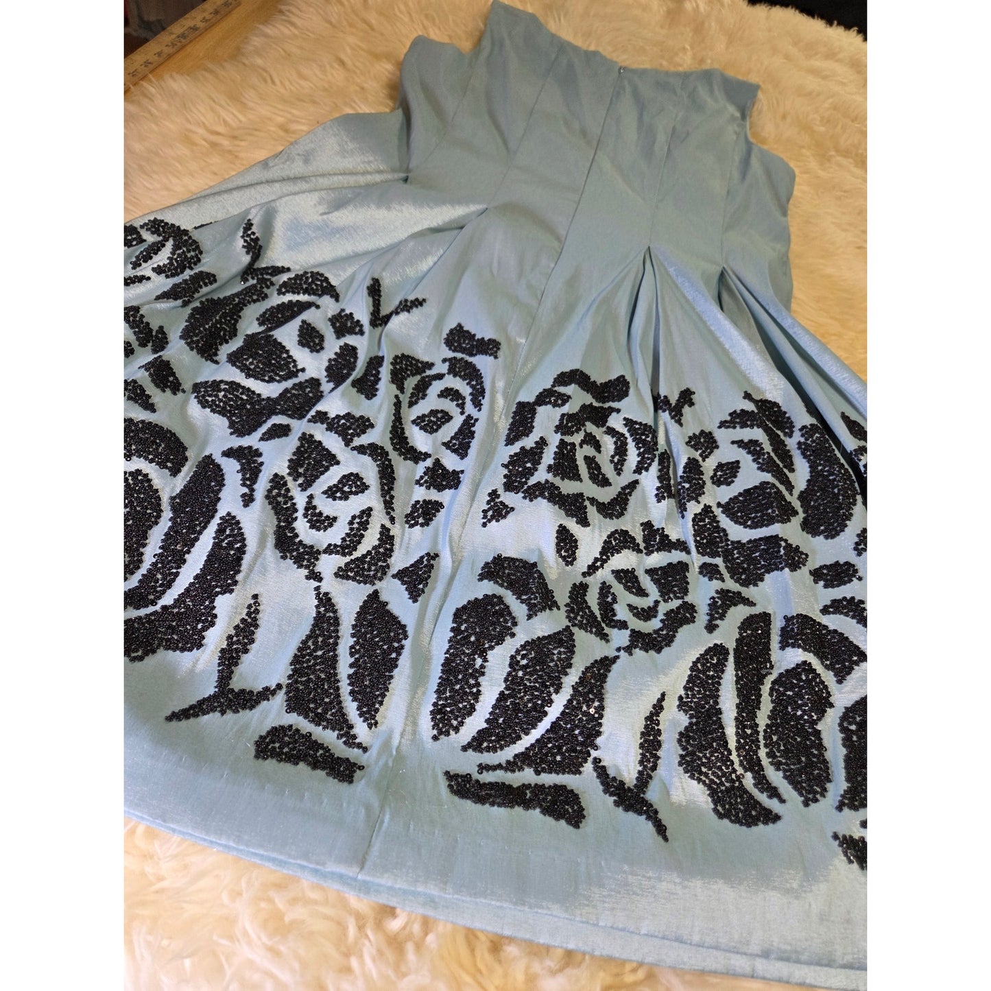 Baby Blue Sleeveless Black Sequin Embellishments Tea Length Fit Flare Princess