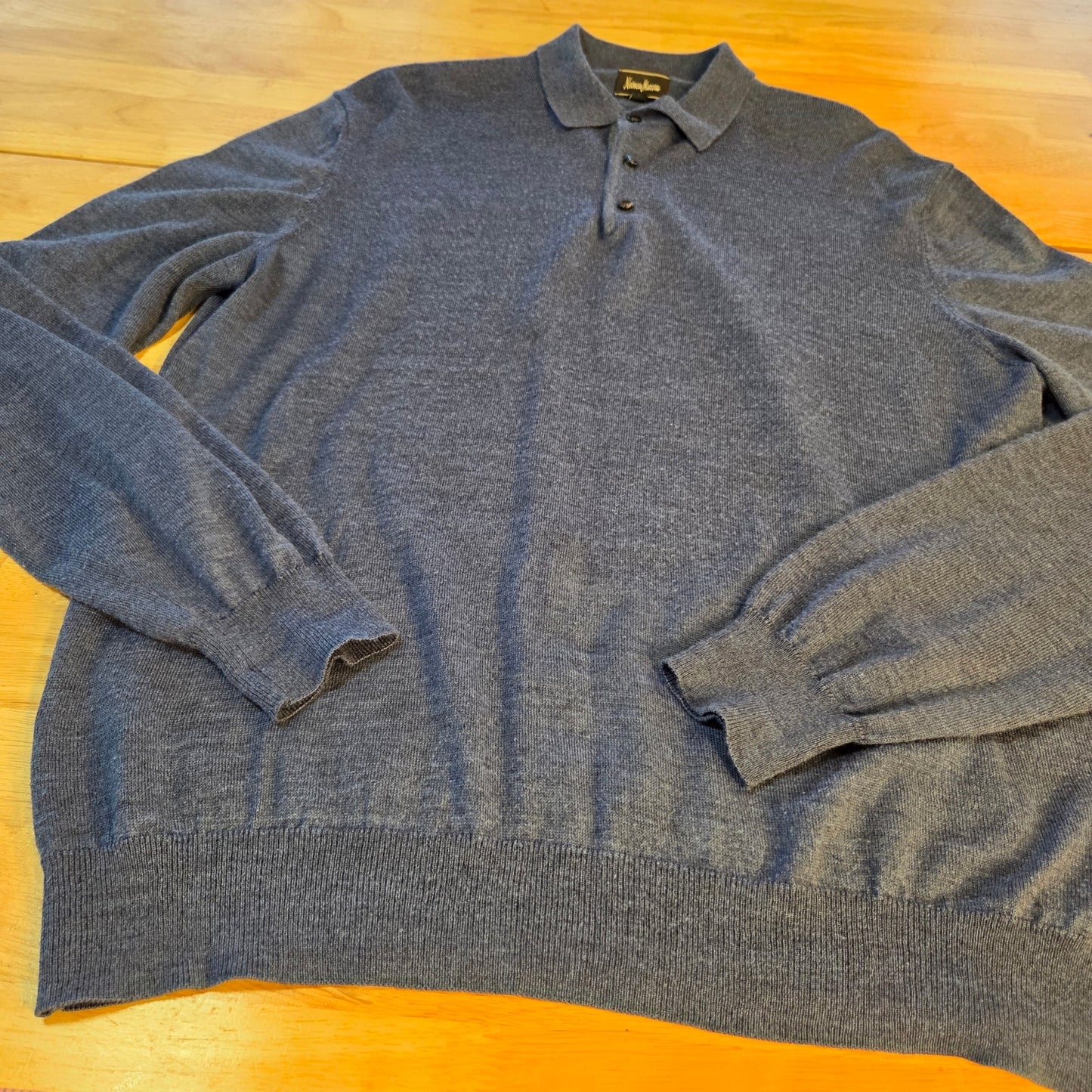 Neiman Marcus blue wool blend 3/4 button pullover sweater tight knit large