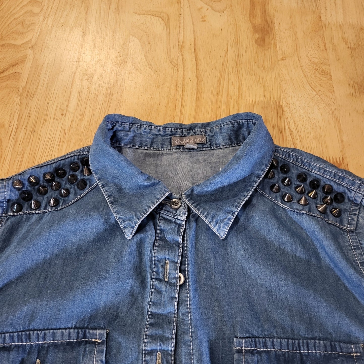 Charlotte Russe Size Medium Denim Button Down Collared Shirt Studded Shoulders