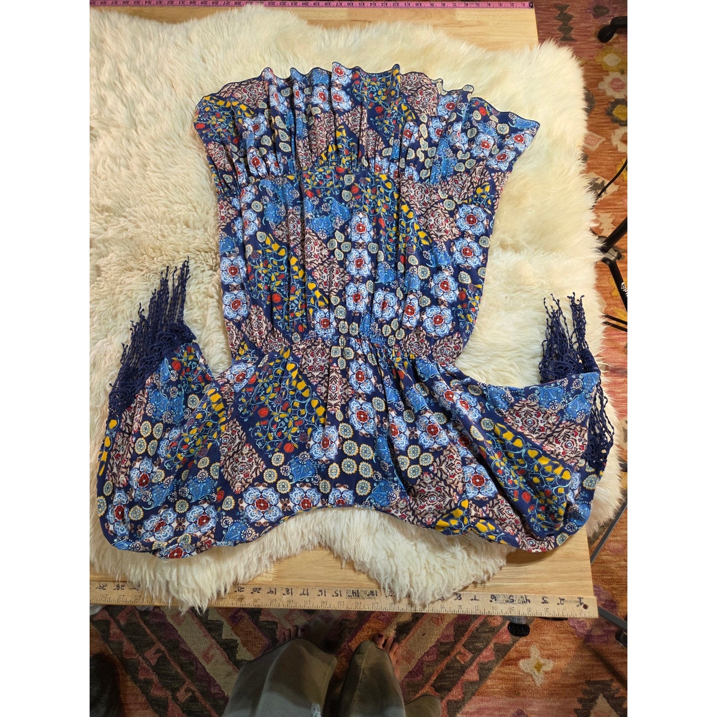 Live and Let Live colorful primary color blue Paisley red Mini dress small
