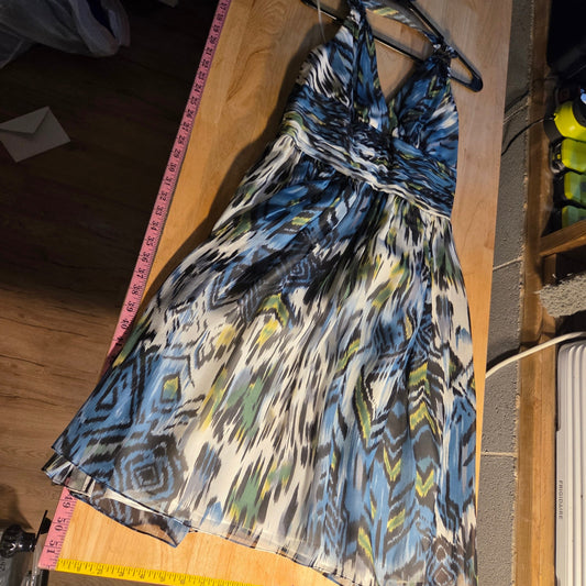 Carmen Marc Valvo blue silk halter dress graphic print sequin detail size 8