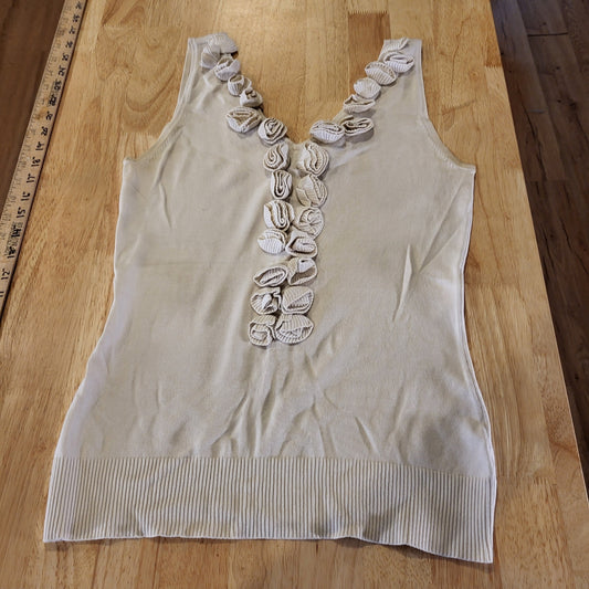 White House Black Market Knit V Neck Sleeveless Sweater Rose Detail Cotton Small