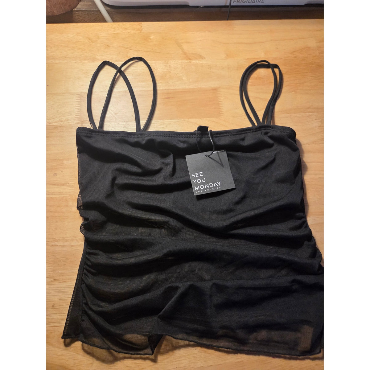 New with tag See You Monday black tank top sheer tummy adjustable strap size LG