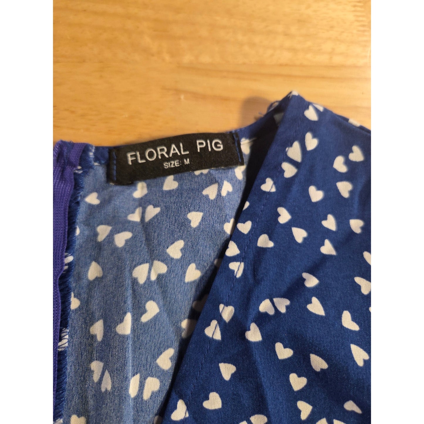 Floral Pig Blue Heart Print Dress Keyhole Puff Sleeve Detail Faux Wrap M