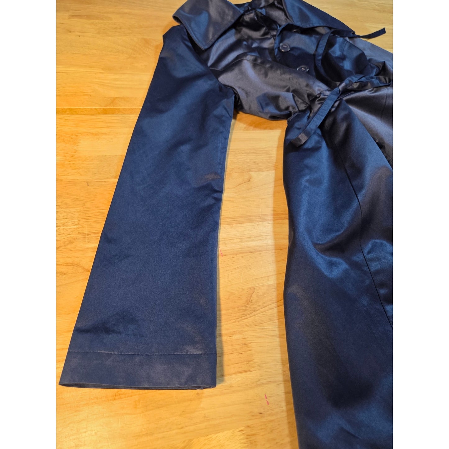 Bebe navy blue double breasted wide collar knee length Overcoat satin size sml