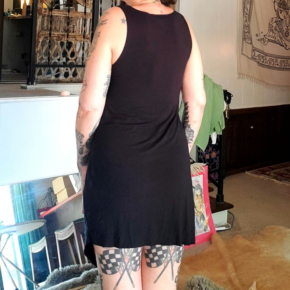 Alambika black tank dress asymmetrical hem jersey knit size 2
