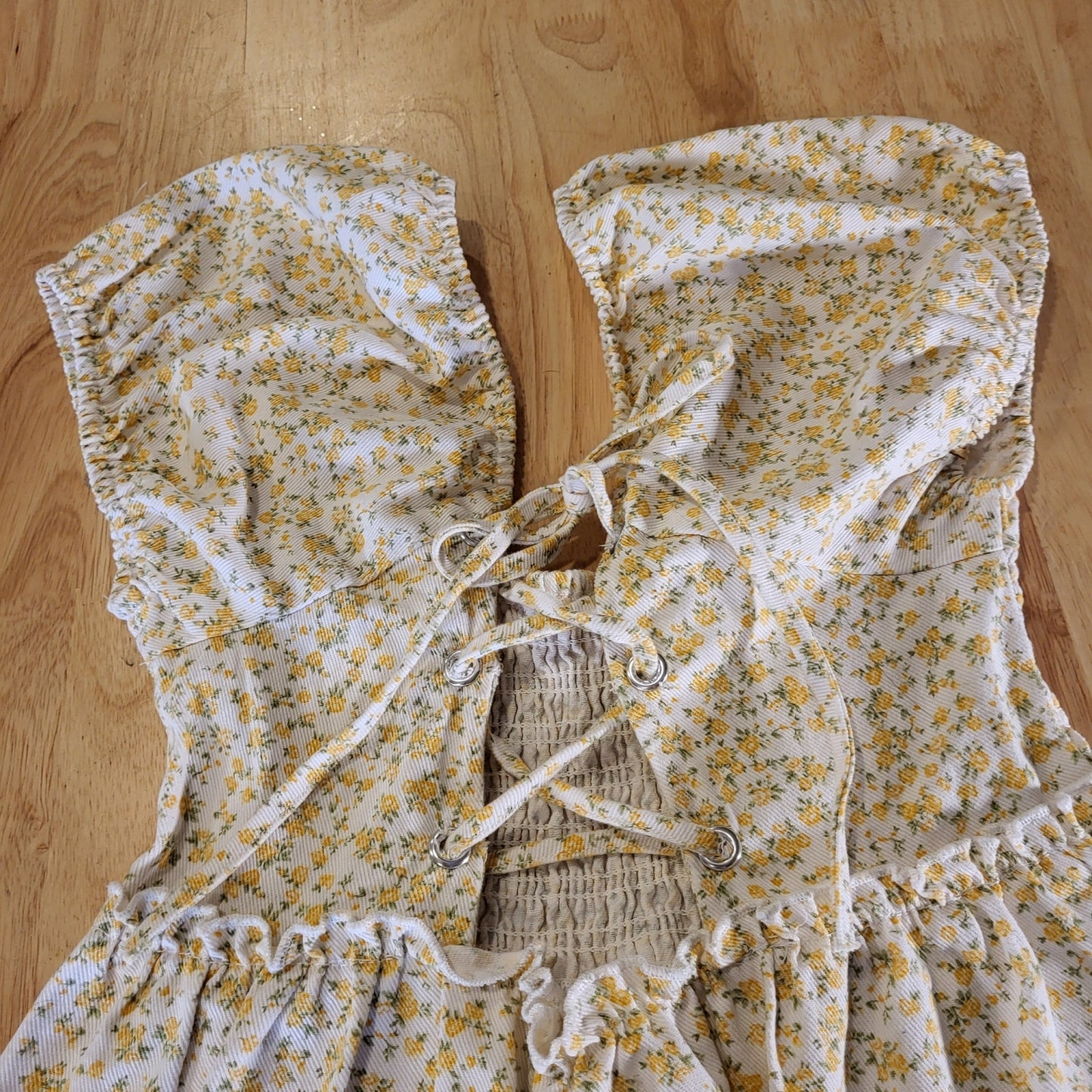 American Eagle Outfitters White Denim Yellow Flower Dress Laced Front Stretch