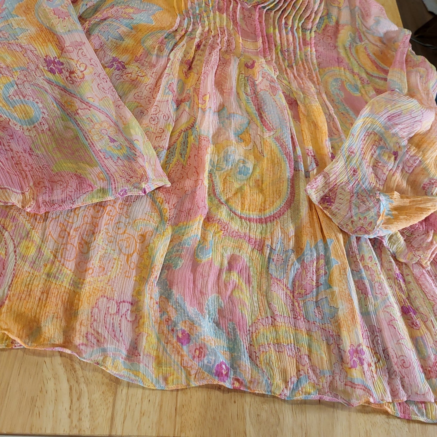 Ralph Lauren 100% Silk PINK Sheer Paisley Collared Button Down Blouse Size XL