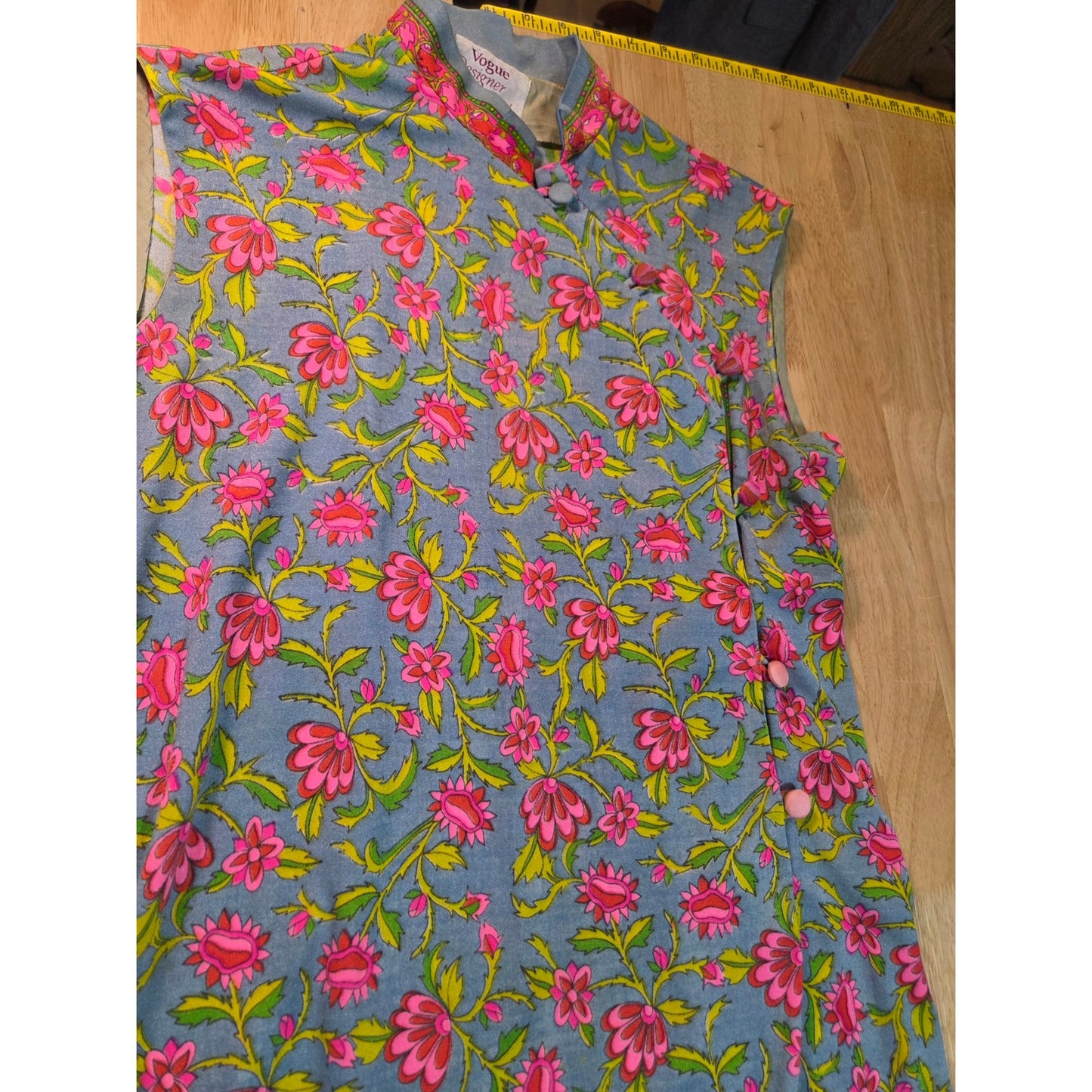 Vintage Chinese Style Hand Finished Neon Pink Blue Floral Sleeveless Maxi Dress