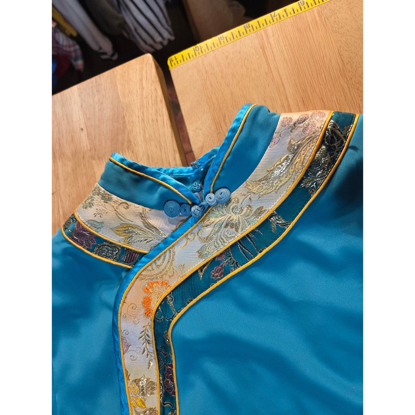 Turquoise blue Chinese traditional dress cap sleeve ornamental trim detail small