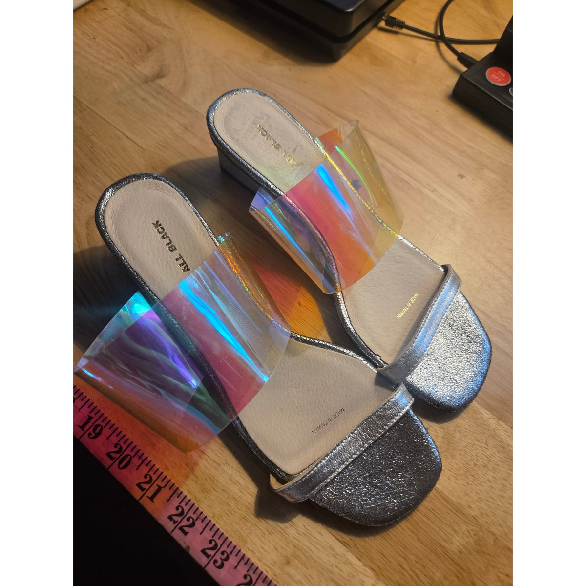 All black chrome silver wedge clear plastic slide sandals size 40