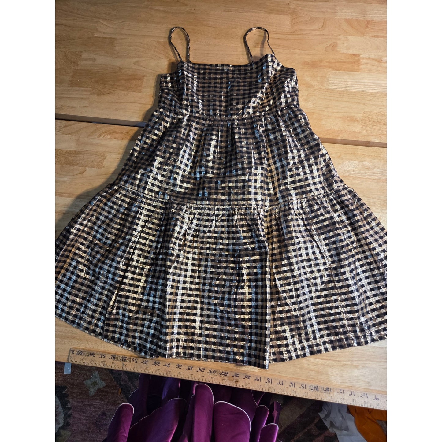J. Crew Holiday Dress Gold Black Gingham Print Elastic Spaghetti Strap 8