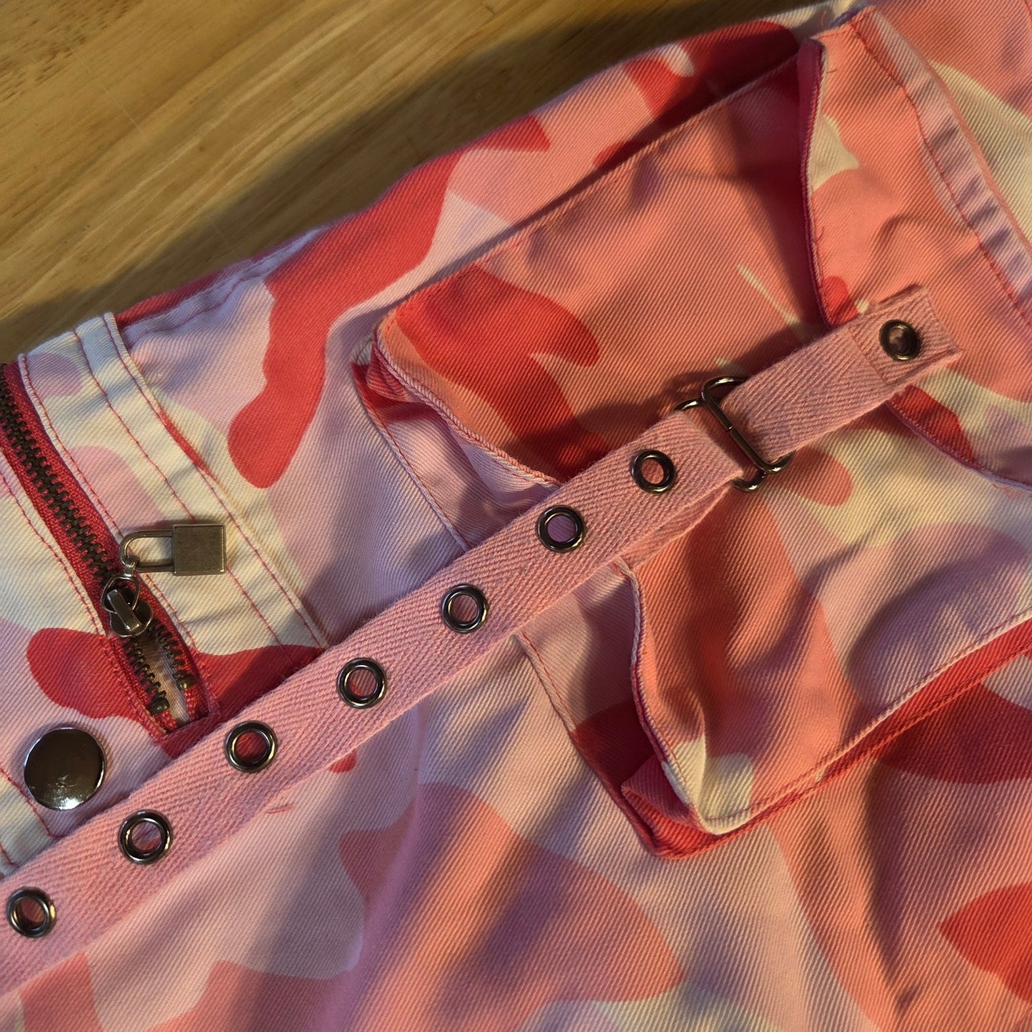 Riflessi pink camouflage Raver pants bondage straps wide leg adjustable 2XL