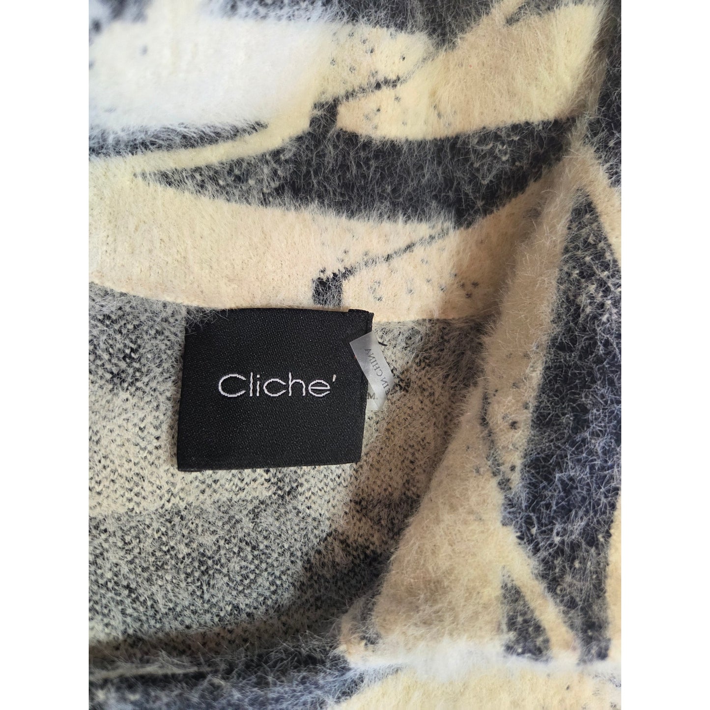 Cliche wool blend houndstooth knit mid-length sweater patch pockets very soft L