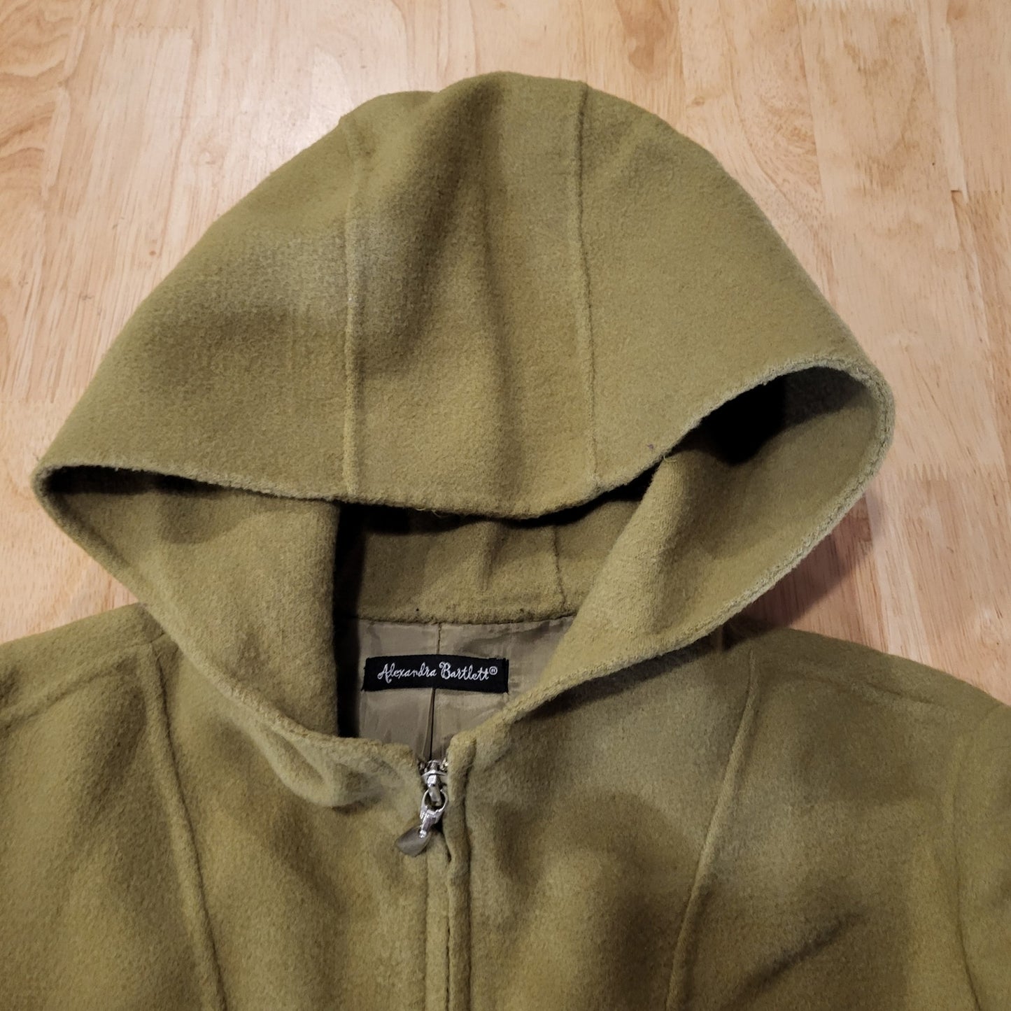 Alexandra Bartlett Green Wool Hooded Zip Size Medium Pockets 19" P2P