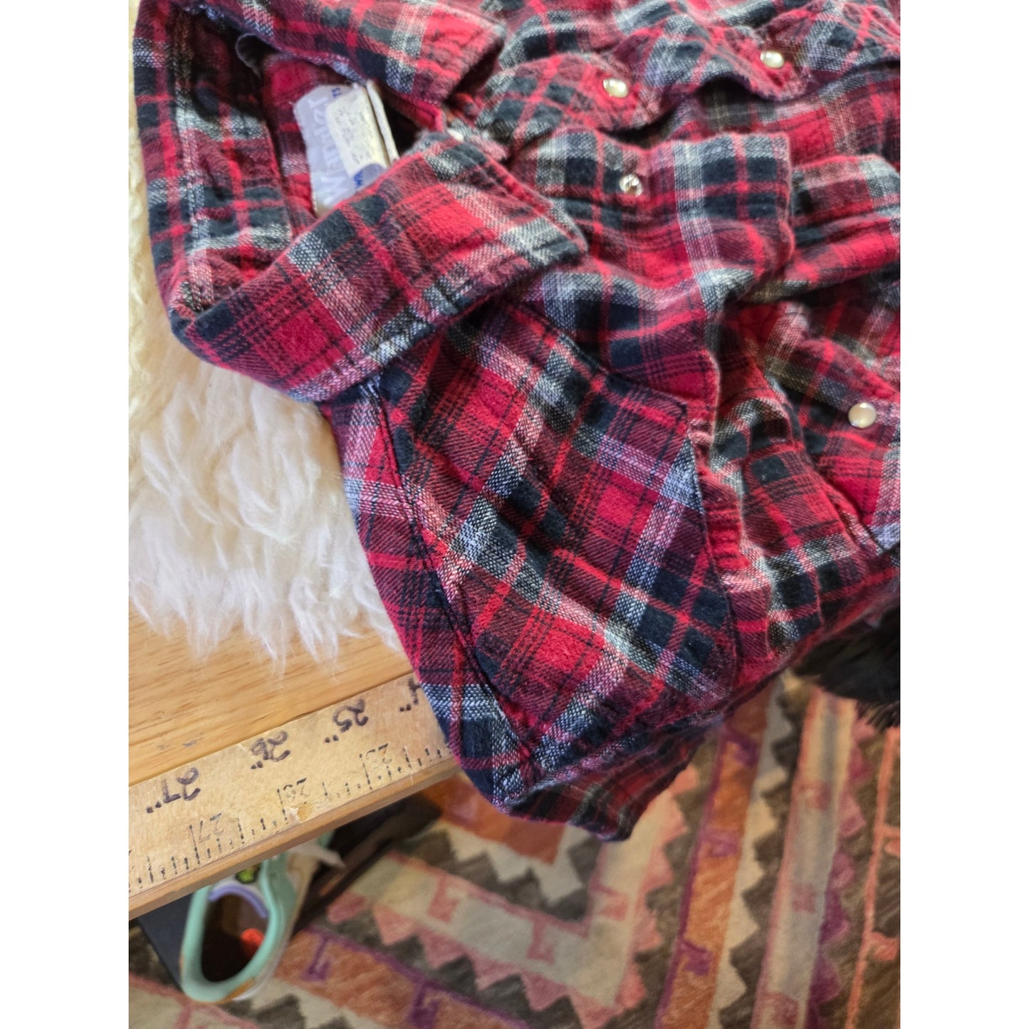 Wrangler Vintage Red Plaid Pearl Snap Western Collared Shirt 100% Cotton Large