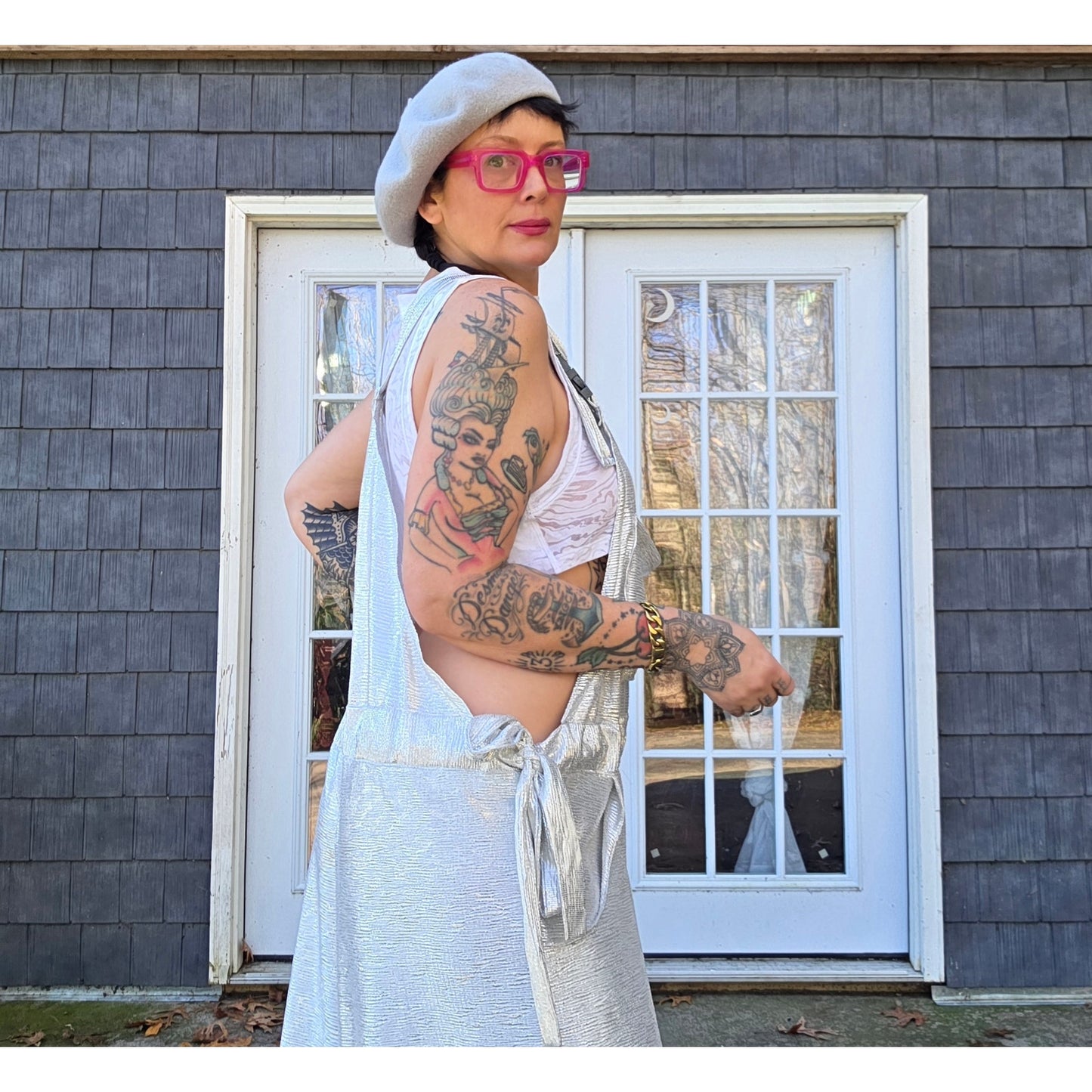 Douf. Silver stretch wide leg raver overalls adjustable One Size 1 of 1 Handmade