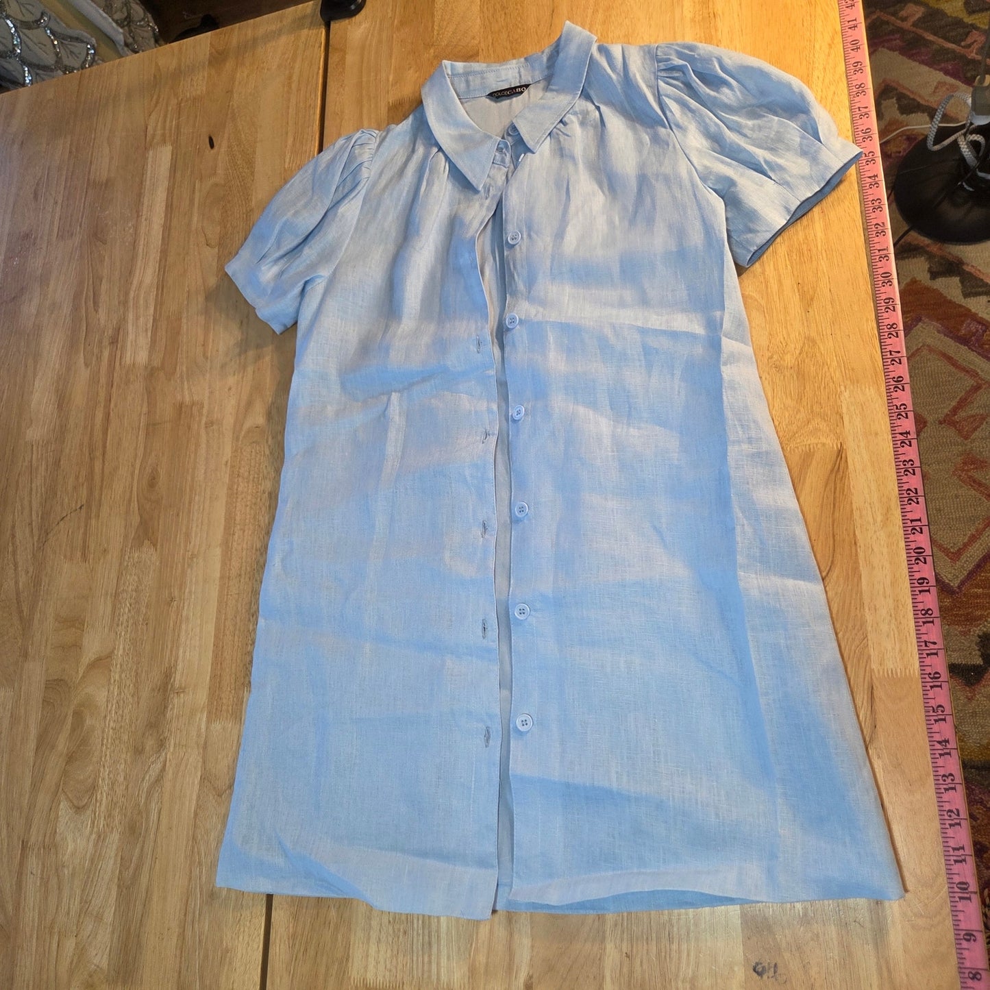 DolceCabo fully lined blue linen puff sleeve collared shirt dress mini 20" p2p