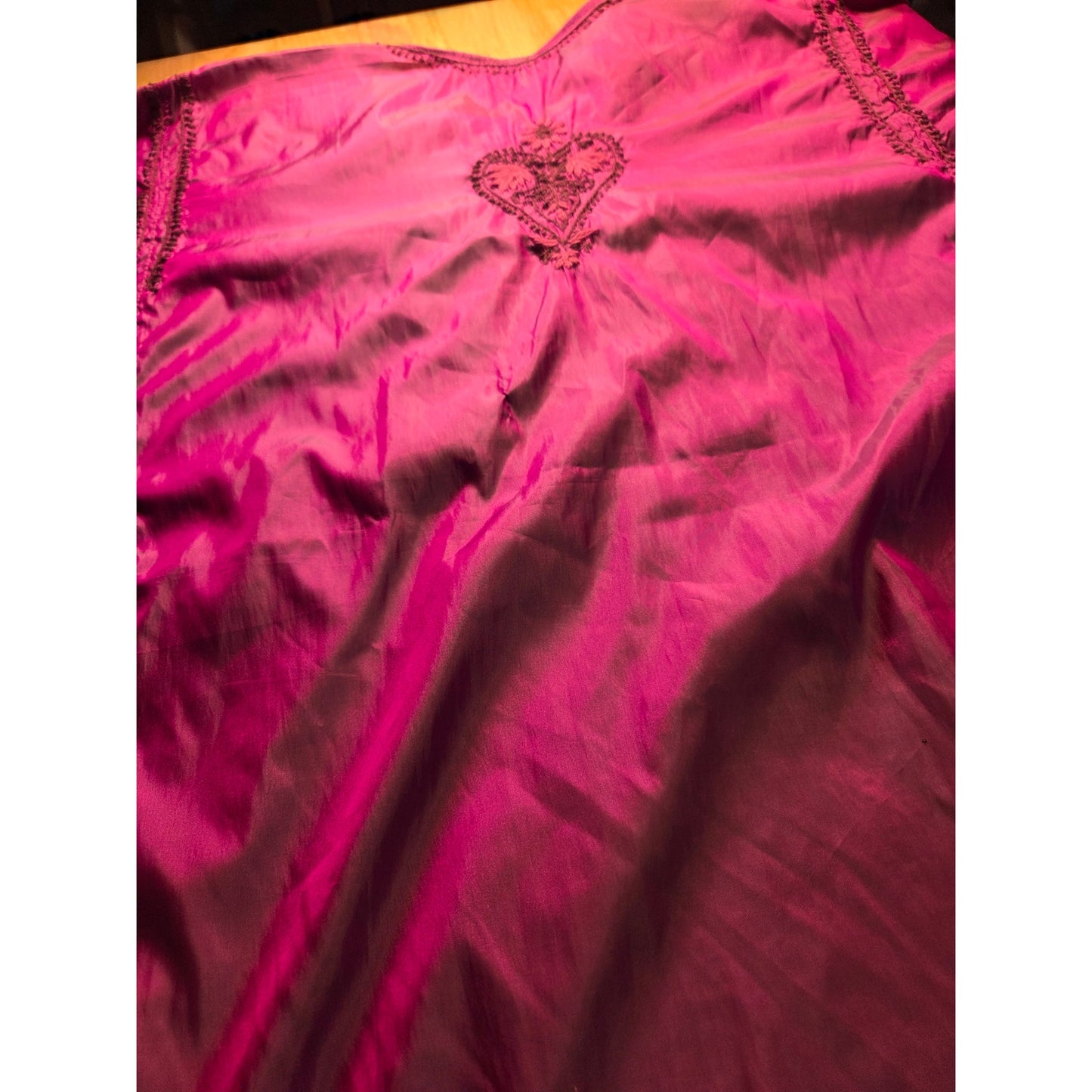 Satin hand Embroidered Iridescent Pink Heart Floral Motif Large Long Sleeve