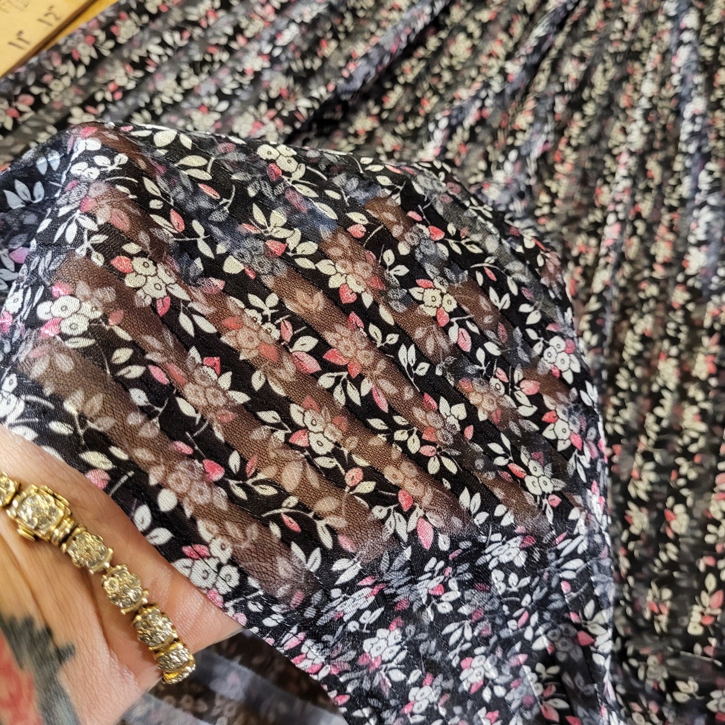 Vintage Sheer Stripe Black Floral Dress Elastic Waist Midi Long Sleeve 28" Waist