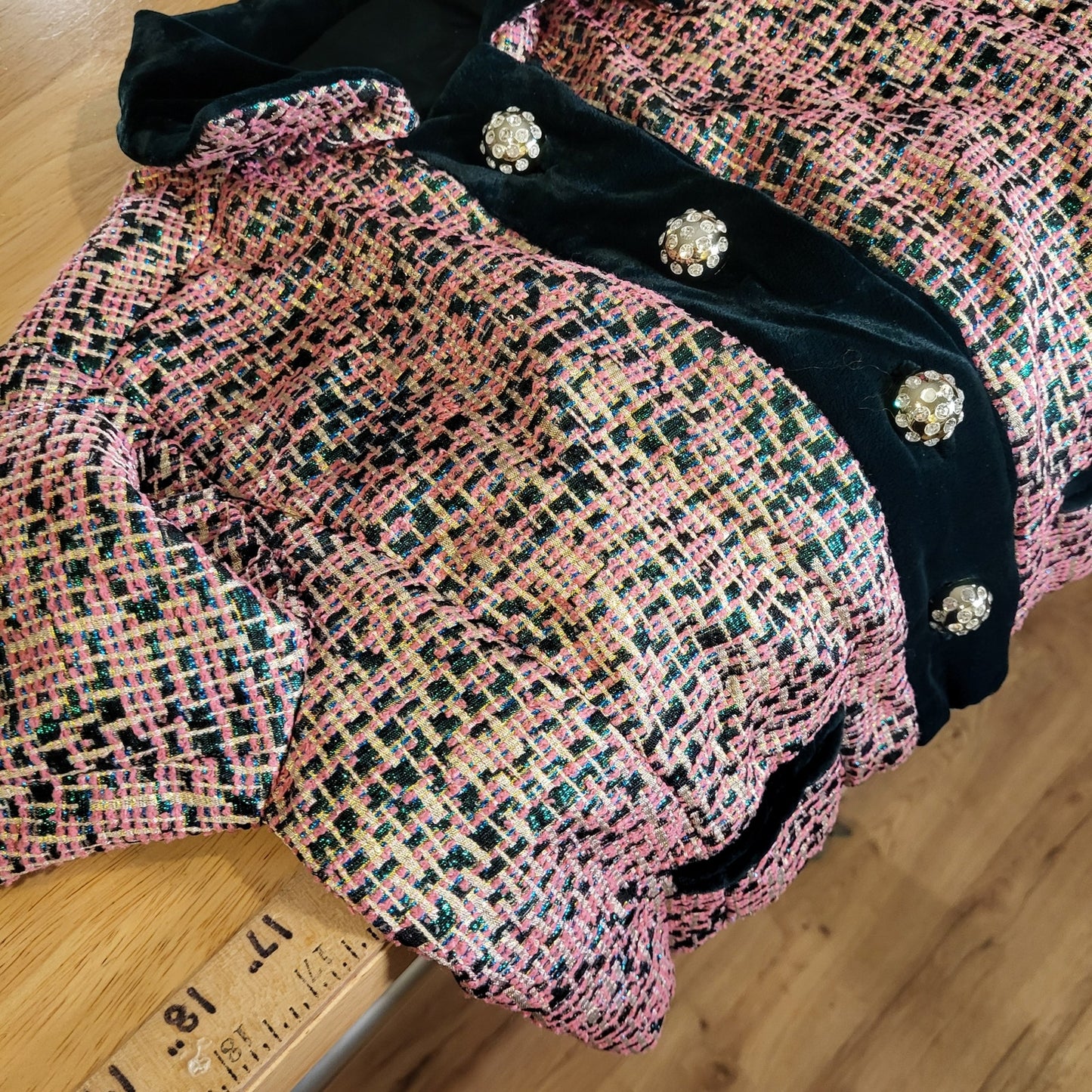 Vintage Tweed Metallic Pink Shirt Coat Green Velvet Trim Rhinestone Buttons 16"