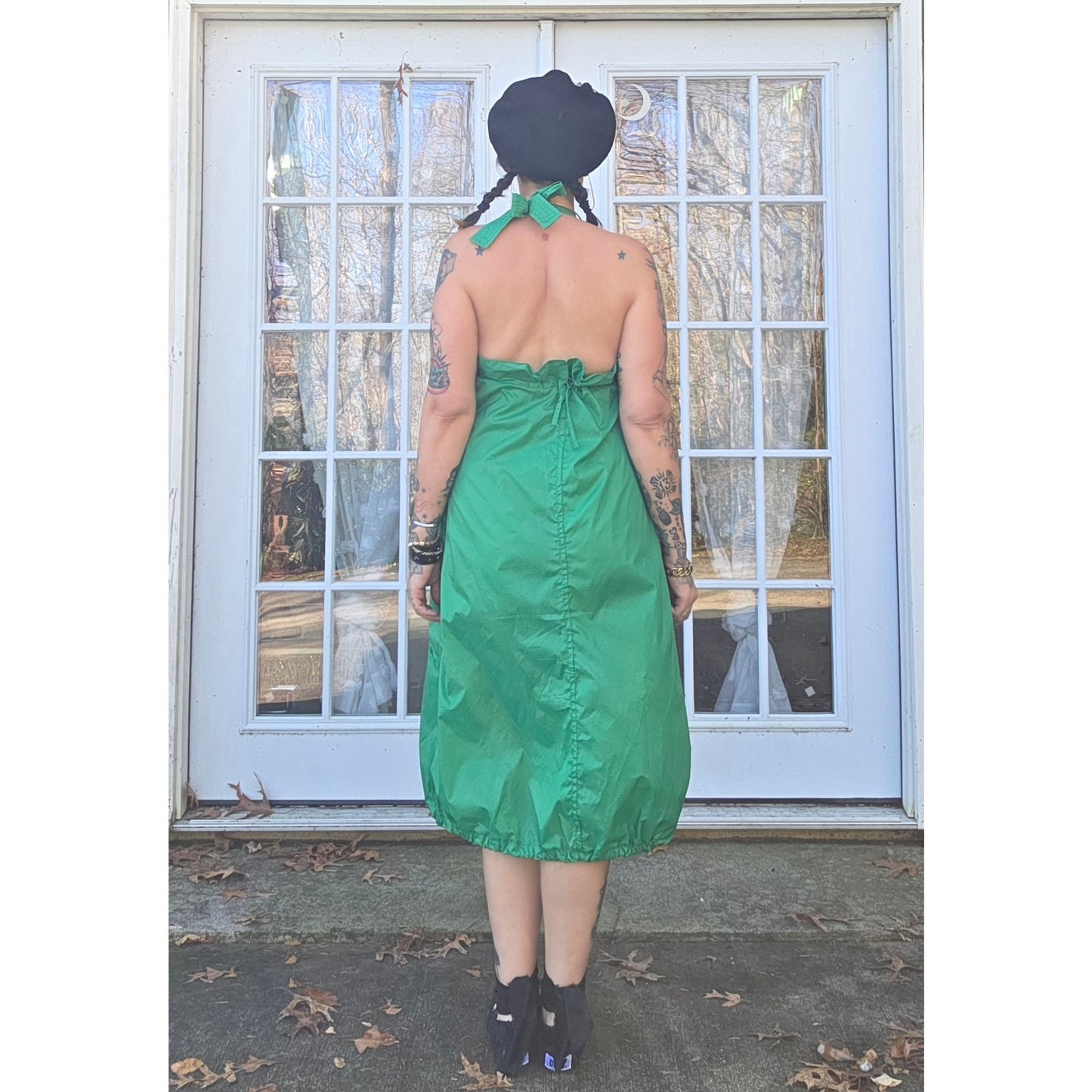 Douf. Green nylon Raver halter dress adjustable pockets bungee handmade 1 of 1