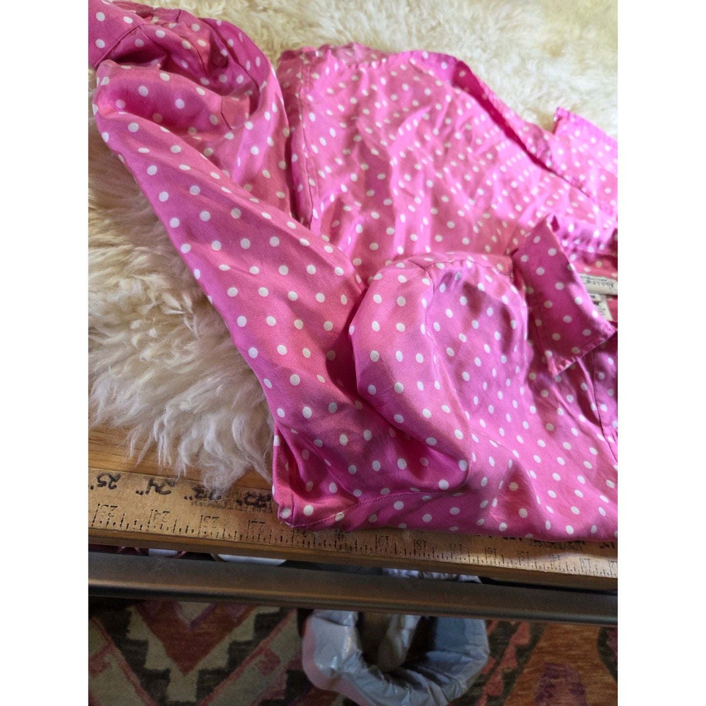 Vintage Jones New York Country PINK 100% Silk Polka dot Blouse Collared M