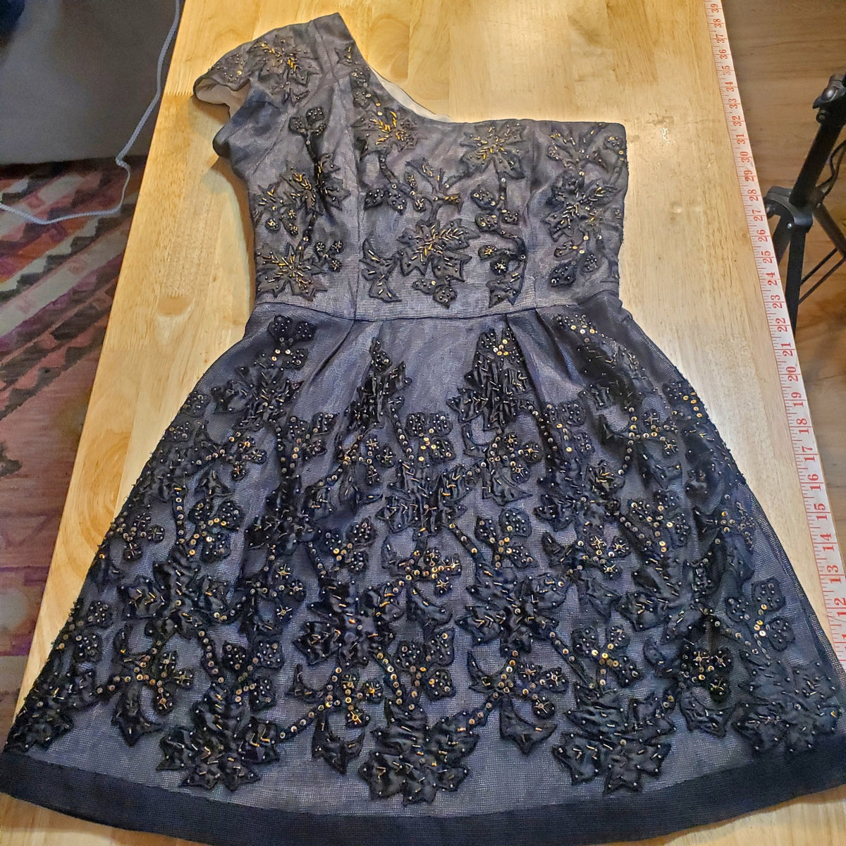 French Connection Size 4 One Shoulder Heavily Embroidered Mesh Lined Dress