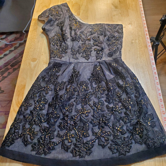 French Connection Size 4 One Shoulder Heavily Embroidered Mesh Lined Dress