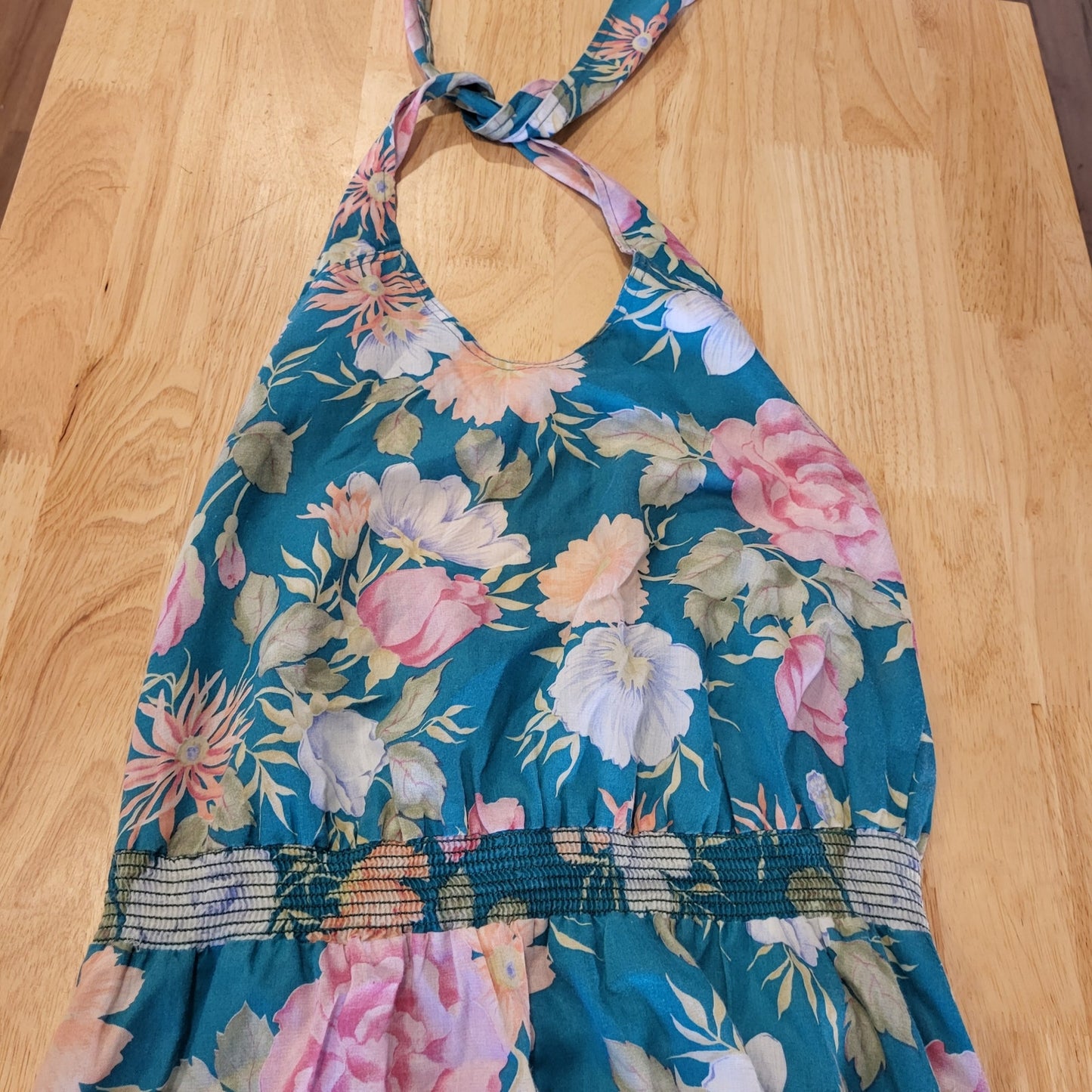 Vintage turquoise Floral halter dress elastic MIDI tie cotton medium