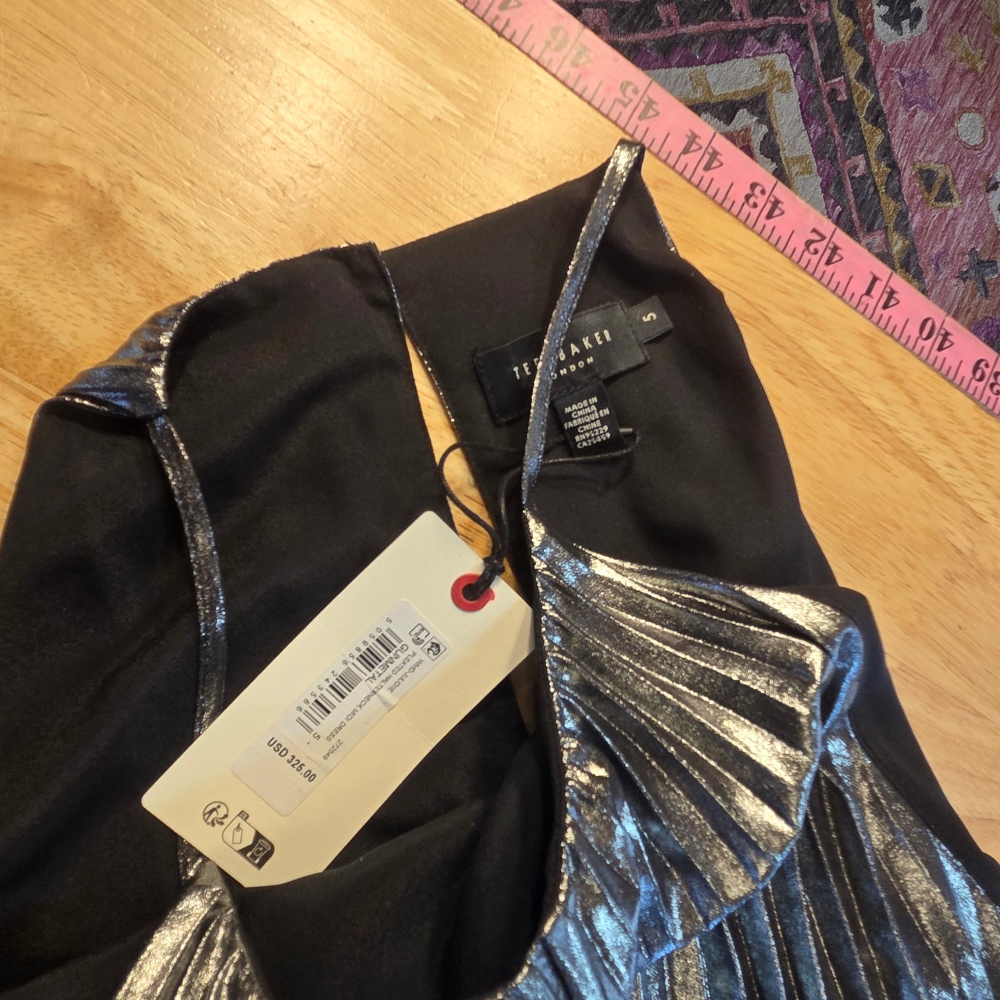 Nwt Ted Baker silver metallic pleated sleeveless midi dress belted a line size 5