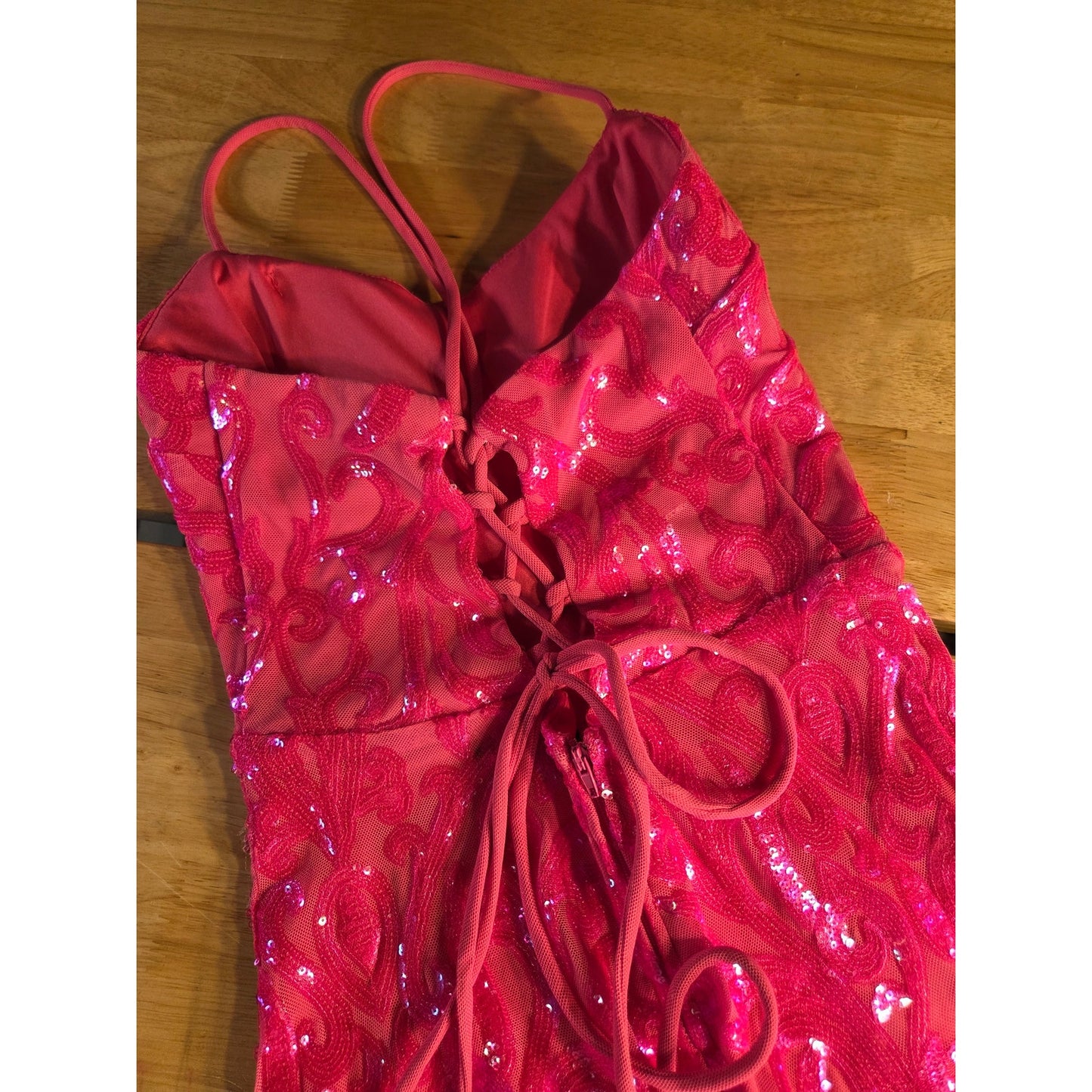 City Vibe neon pink bodycon spaghetti strap lace back dress stretch Mini 7