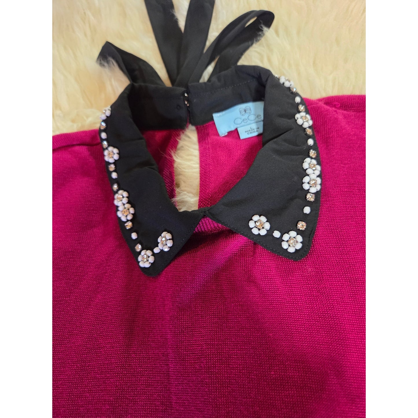 NWT Cece Pink fuchsia magenta sweater dress rhinestone Peter Pan collar