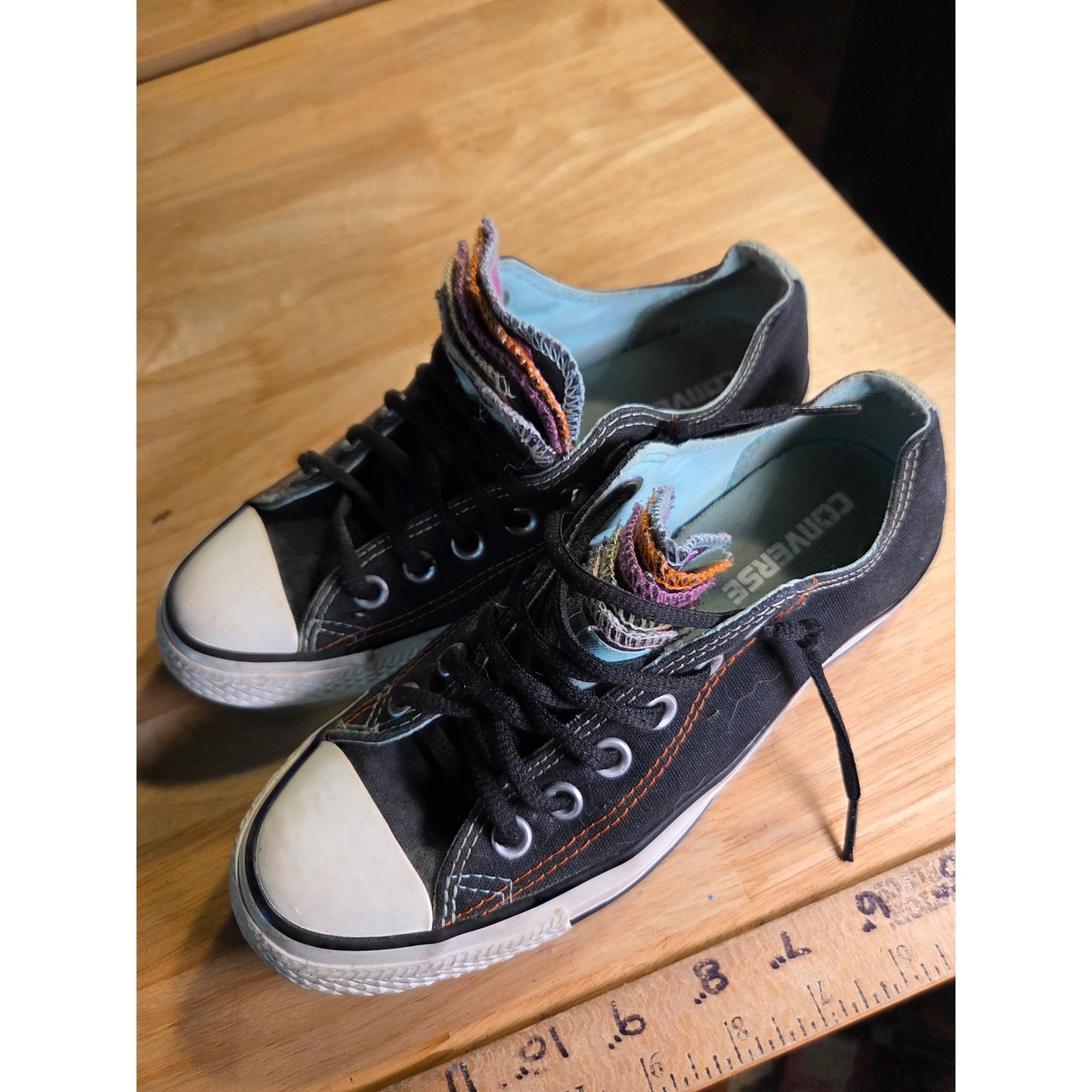 Converse Chuck Taylor Black Low Cut Size 7 Women's Colorful Tongue Detail Canvas