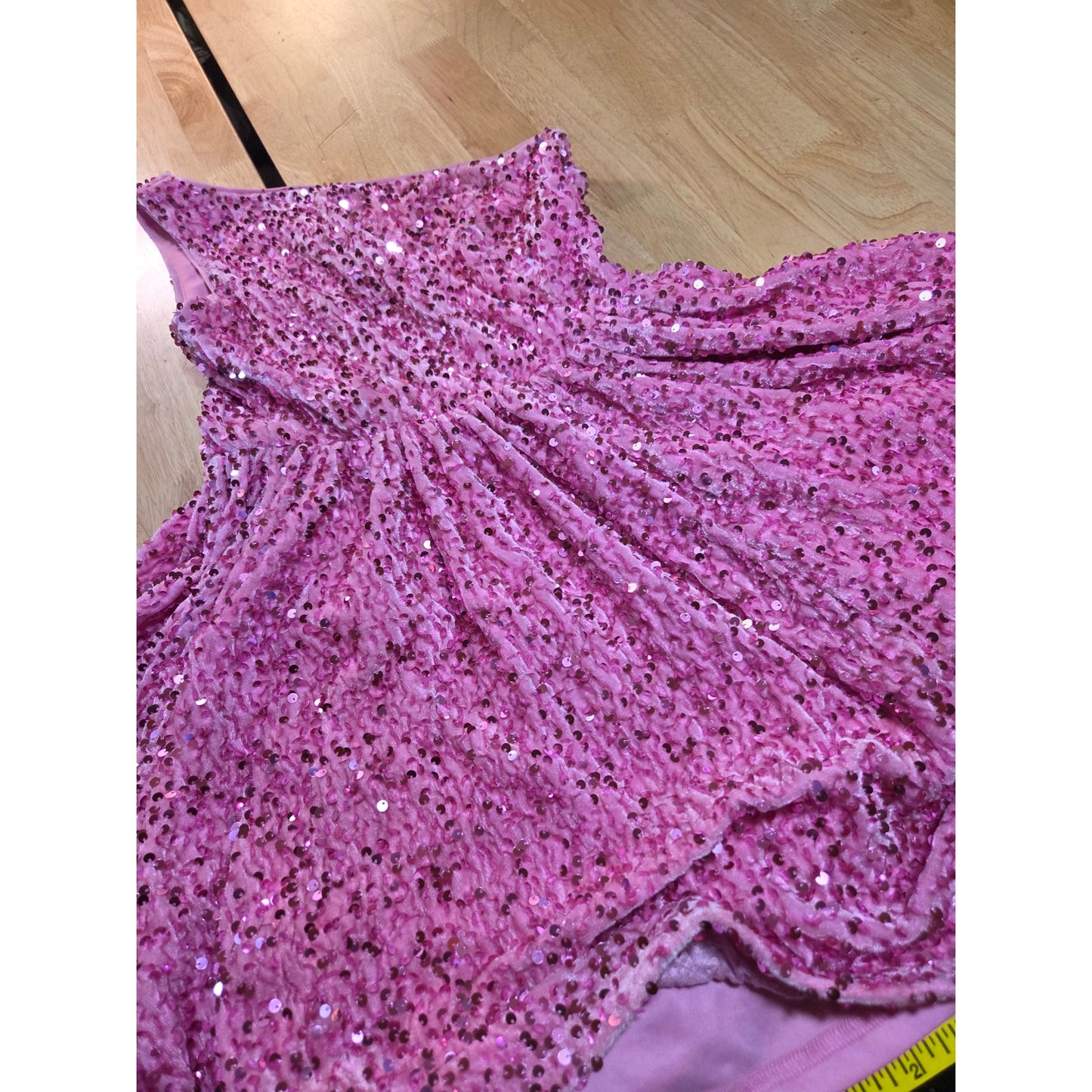 Faeriesty 1 shoulder Skater Mini Dress Elastic Waist Pink Velvet Sequin