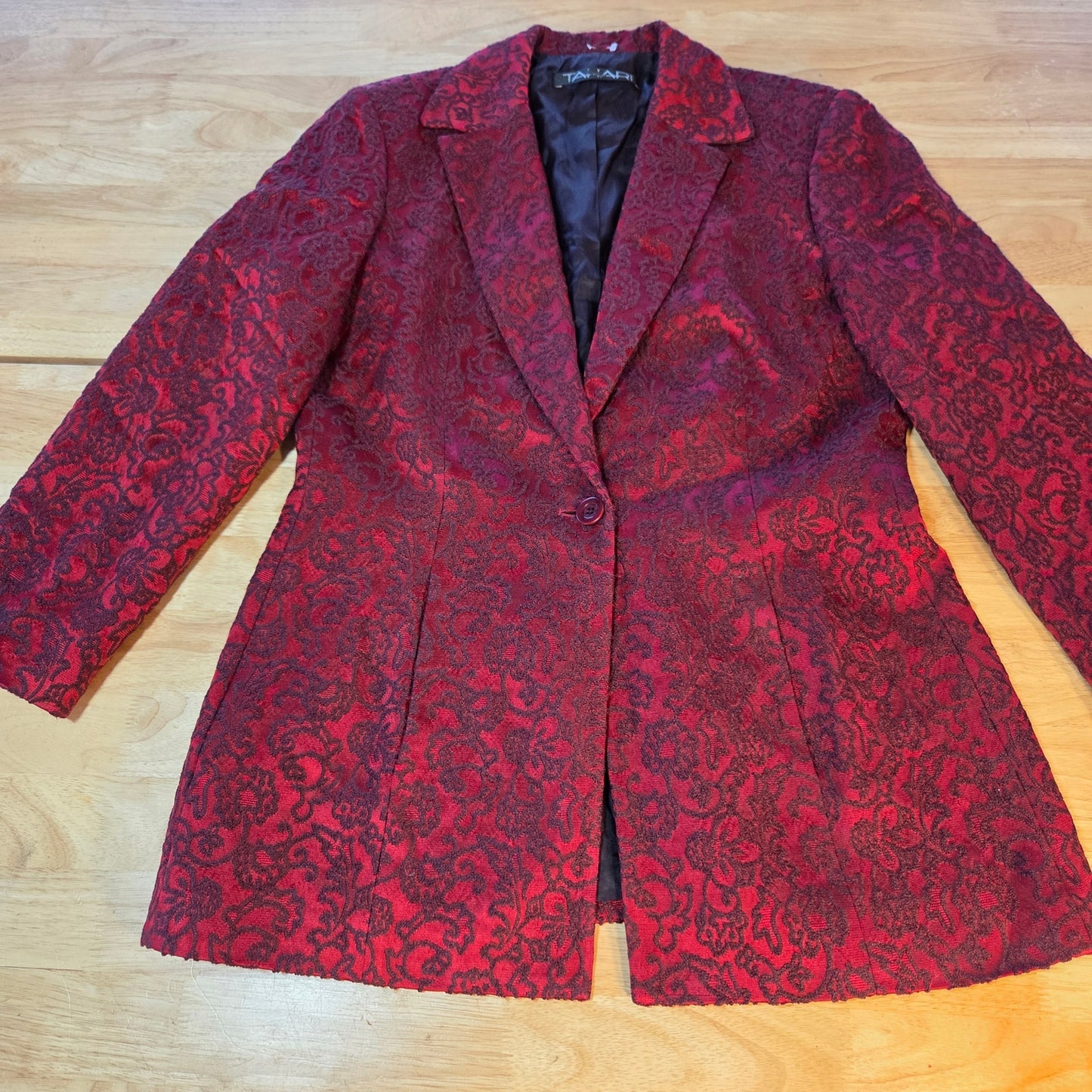 Tahari red blazer black embroidery size 14 lined wool blend