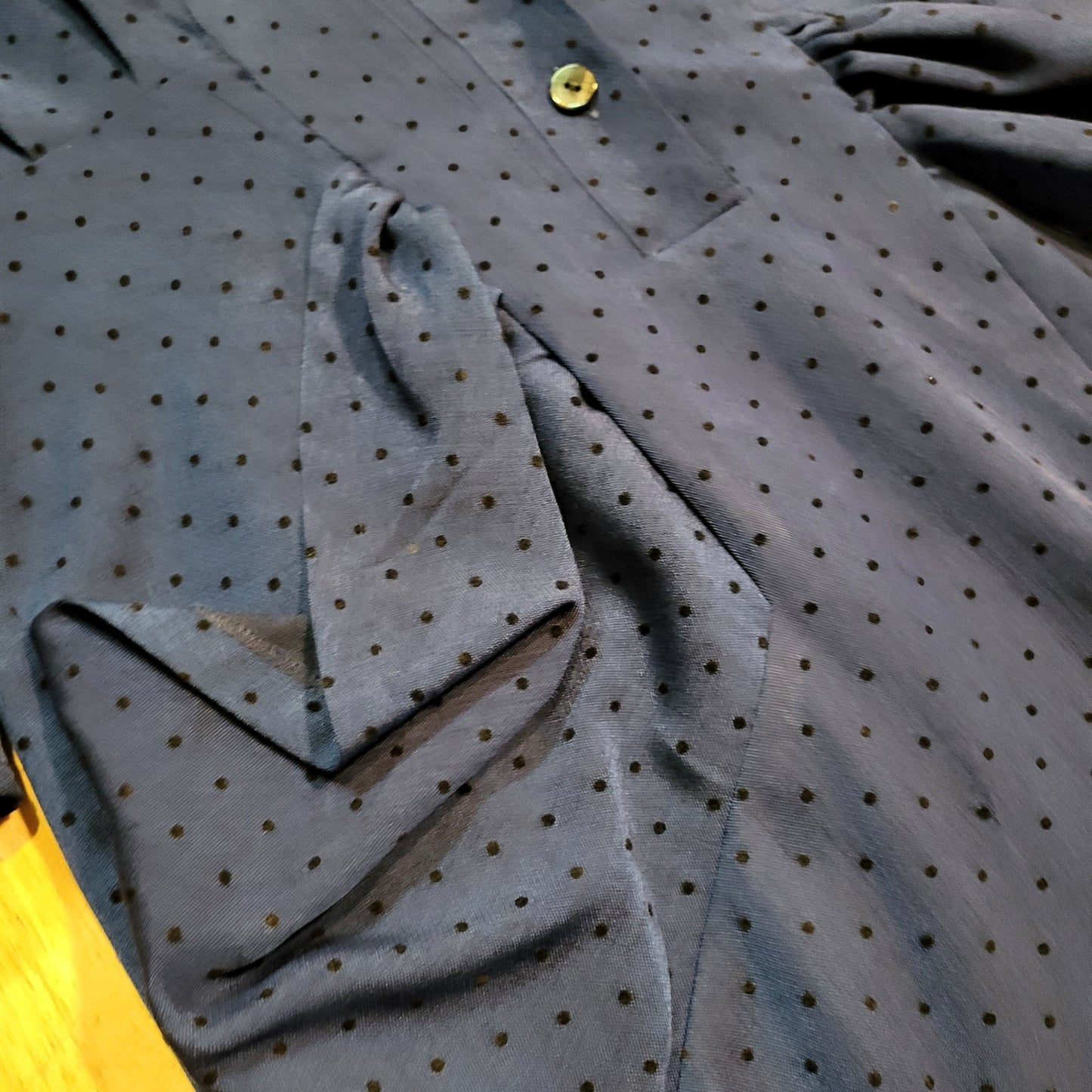 Vintage Blue Black Polka Dot Dress Pockets Collar Pencil Skirt Sprity Sz 38