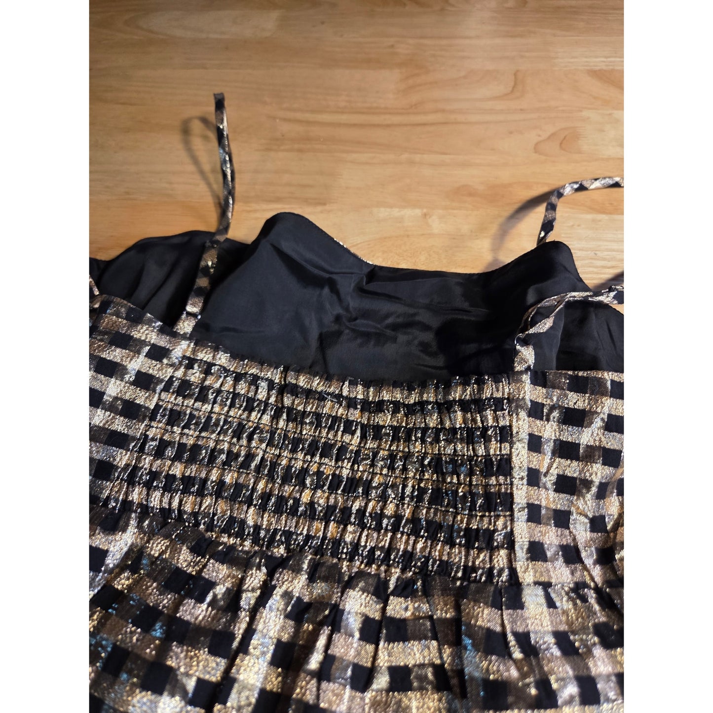 J. Crew Holiday Dress Gold Black Gingham Print Elastic Spaghetti Strap 8