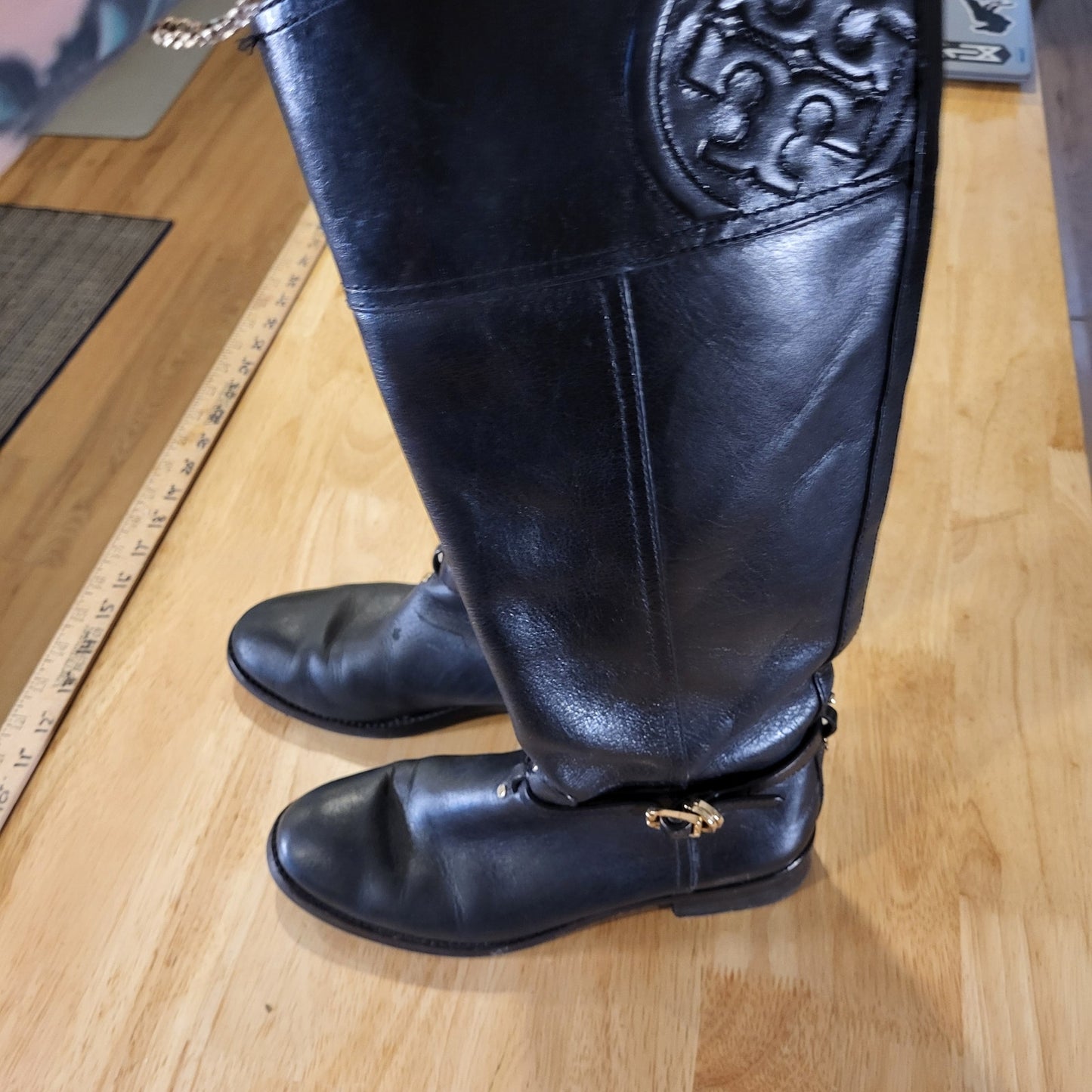 Tory Burch Black Leather Riding Boots Gold Hardware Embossed Stitched 8M